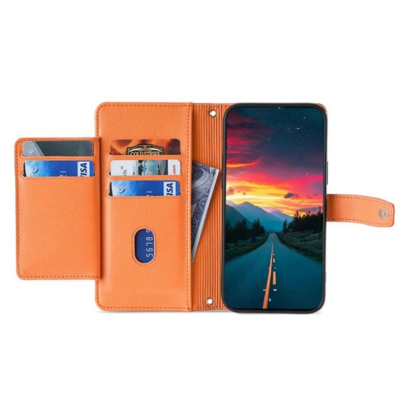 For iPhone 17 Leather Case Zipper Pocket Wallet Phone Cover with 2 Straps - Orange