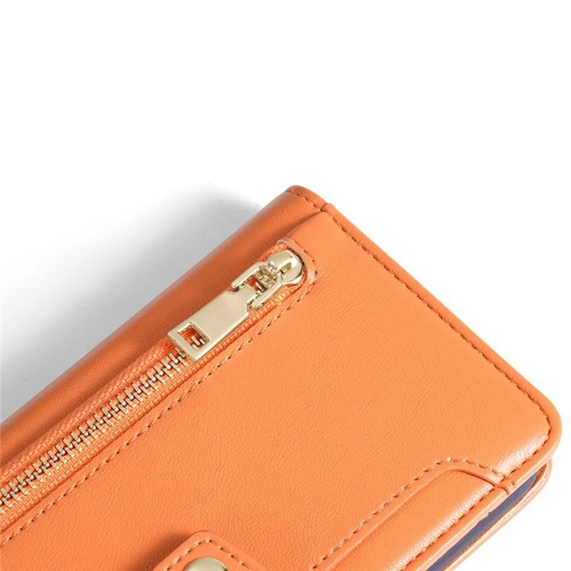 For iPhone 17 Leather Case Zipper Pocket Wallet Phone Cover with 2 Straps - Orange