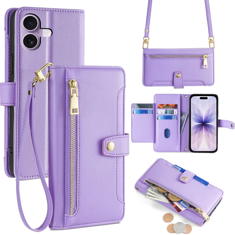 For iPhone 17 Leather Case Zipper Pocket Wallet Phone Cover with 2 Straps - Purple
