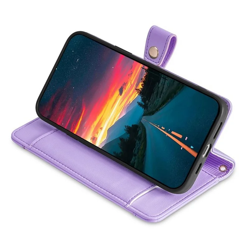 For iPhone 17 Leather Case Zipper Pocket Wallet Phone Cover with 2 Straps - Purple