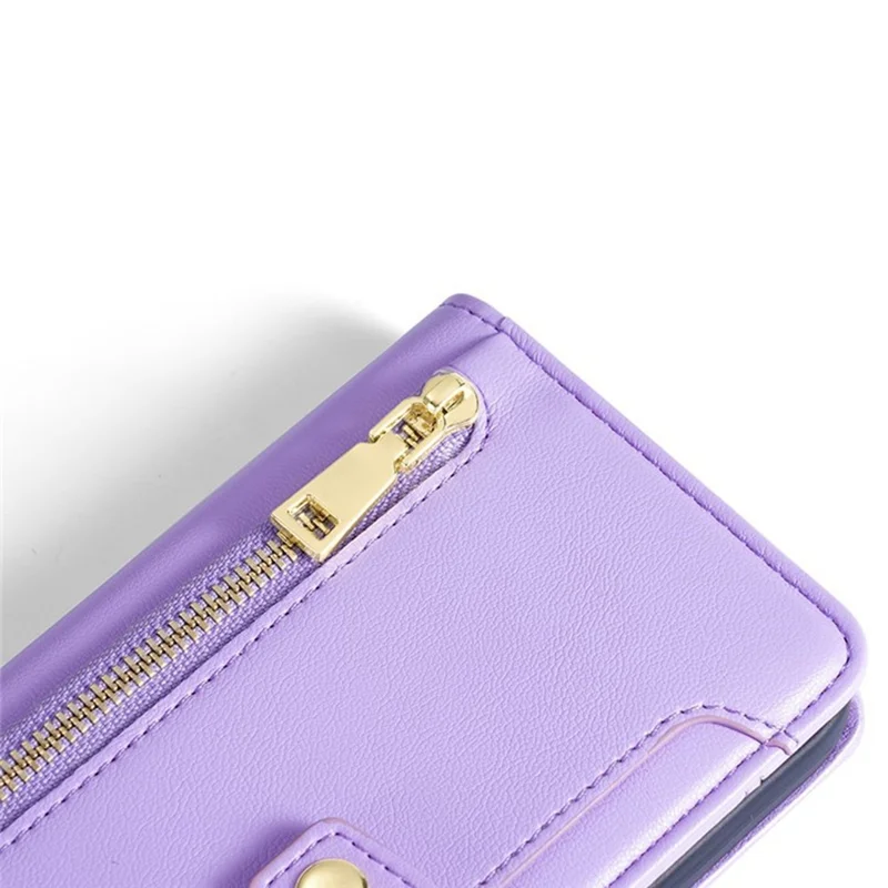 For iPhone 17 Leather Case Zipper Pocket Wallet Phone Cover with 2 Straps - Purple