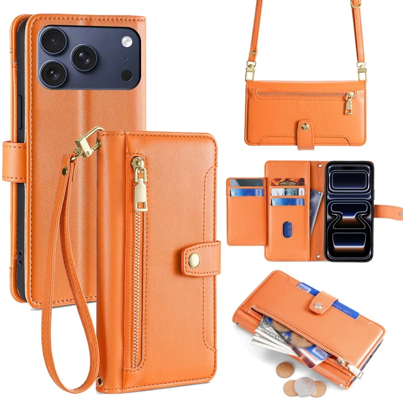 Voor iPhone 17 Pro Leren Hoesje met Ritsvak Portemonnee Telefoonhoes met 2 Riemen - Oranje