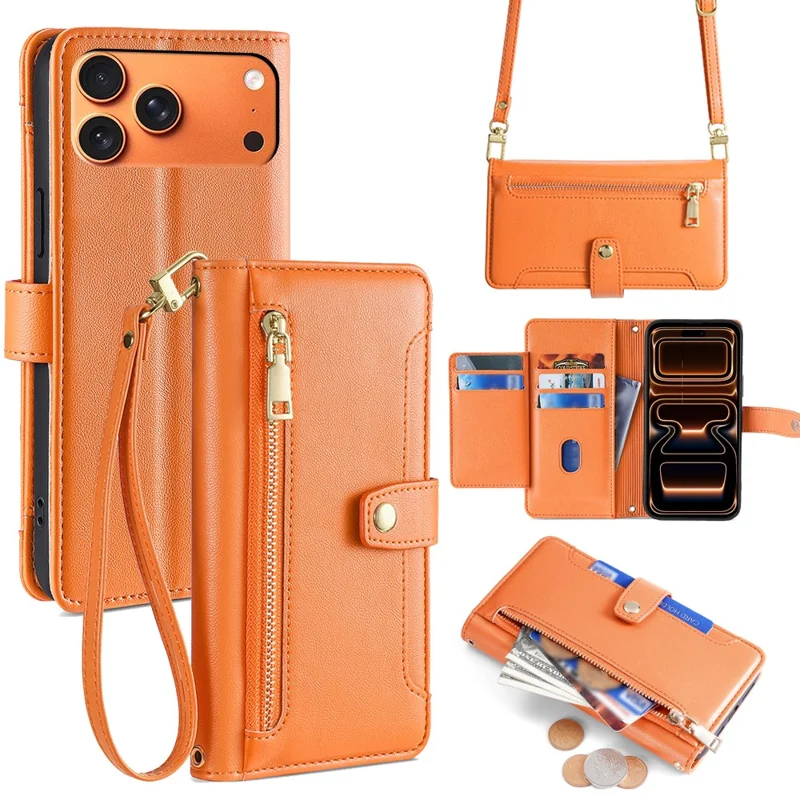 For iPhone 17 Pro Max Leather Case Zipper Pocket Wallet Phone Cover with 2 Straps - Orange
