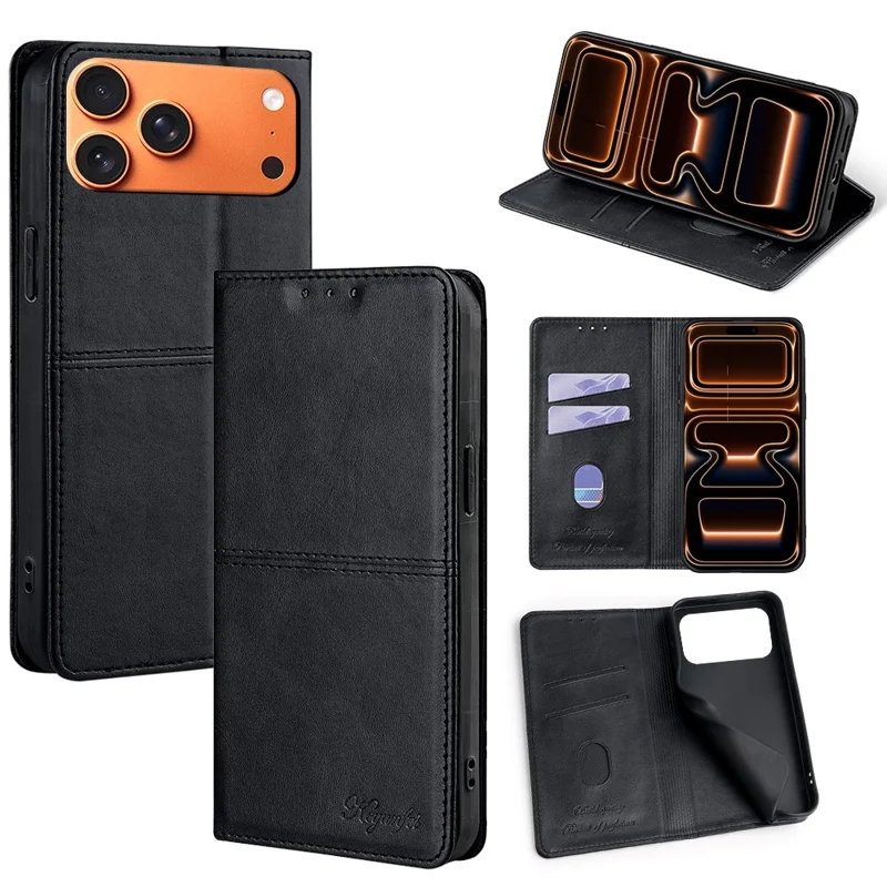For iPhone 17 Pro Max Case Card Slots Cowhide Texture Phone Leather Cover - Black