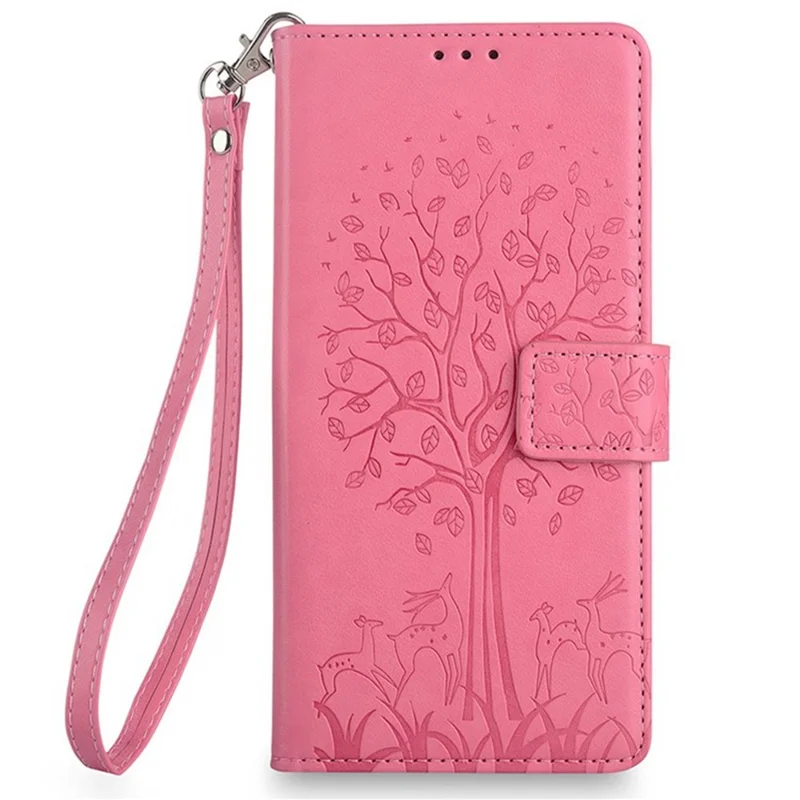 For iPhone 17 Pro Case PU Leather Wallet Phone Cover Tree Deer Imprinted - Roze