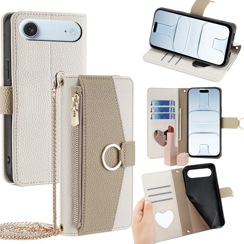 For iPhone Air Case Mirror Wallet Leather Phone Cover with Chain Shoulder Strap - White