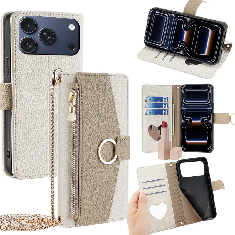 For iPhone 17 Pro Case Mirror Wallet Leather Phone Cover with Chain Shoulder Strap - White