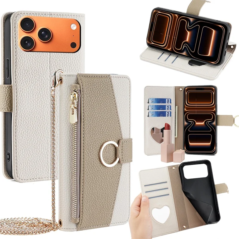 For iPhone 17 Pro Max Case Mirror Wallet Leather Phone Cover with Chain Shoulder Strap - White