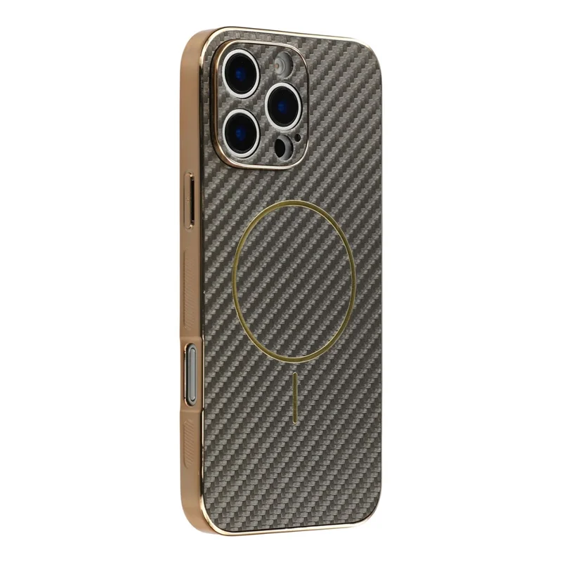 For iPhone 16 Pro Max Phone Case Carbon Fiber Textured Electroplated TPU Back Cover - Coffee