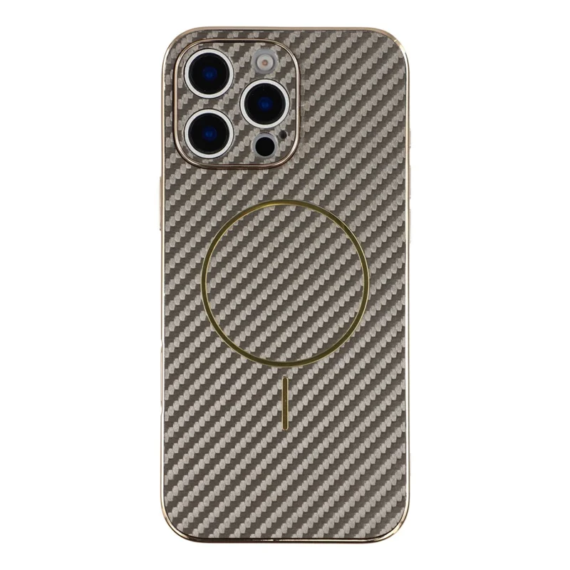 For iPhone 16 Pro Max Phone Case Carbon Fiber Textured Electroplated TPU Back Cover - Coffee