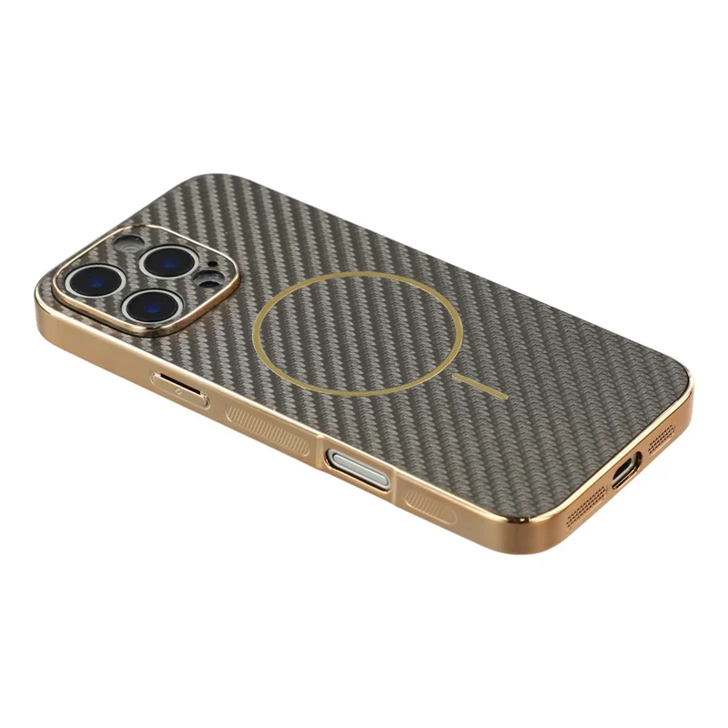 For iPhone 16 Pro Max Phone Case Carbon Fiber Textured Electroplated TPU Back Cover - Coffee