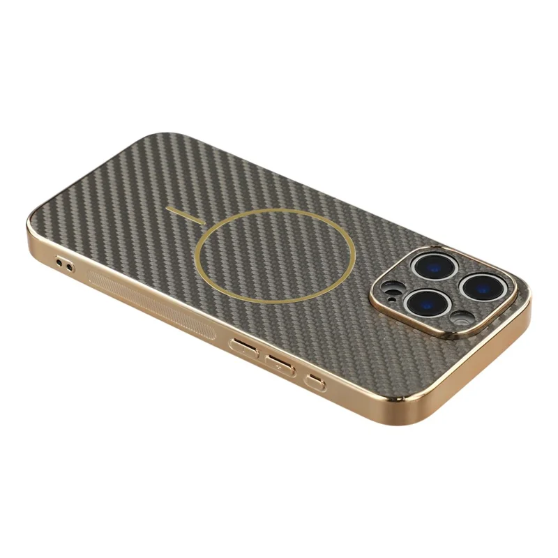 For iPhone 16 Pro Max Phone Case Carbon Fiber Textured Electroplated TPU Back Cover - Coffee