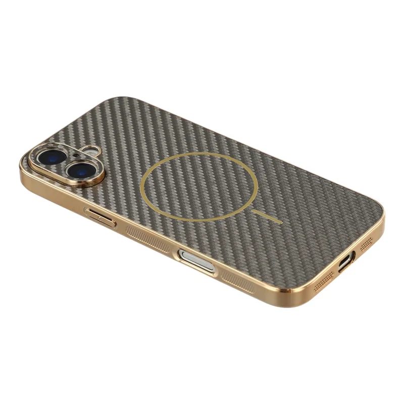 For iPhone 16 Phone Case Carbon Fiber Textured Electroplated TPU Back Cover - Coffee