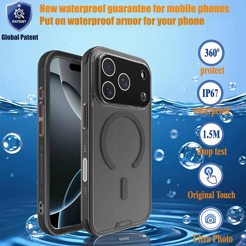 KARFO For iPhone 17 Pro Magnetic Case TPU PC Waterproof Phone Cover with Screen Protector  /  Installation Tool - Blue