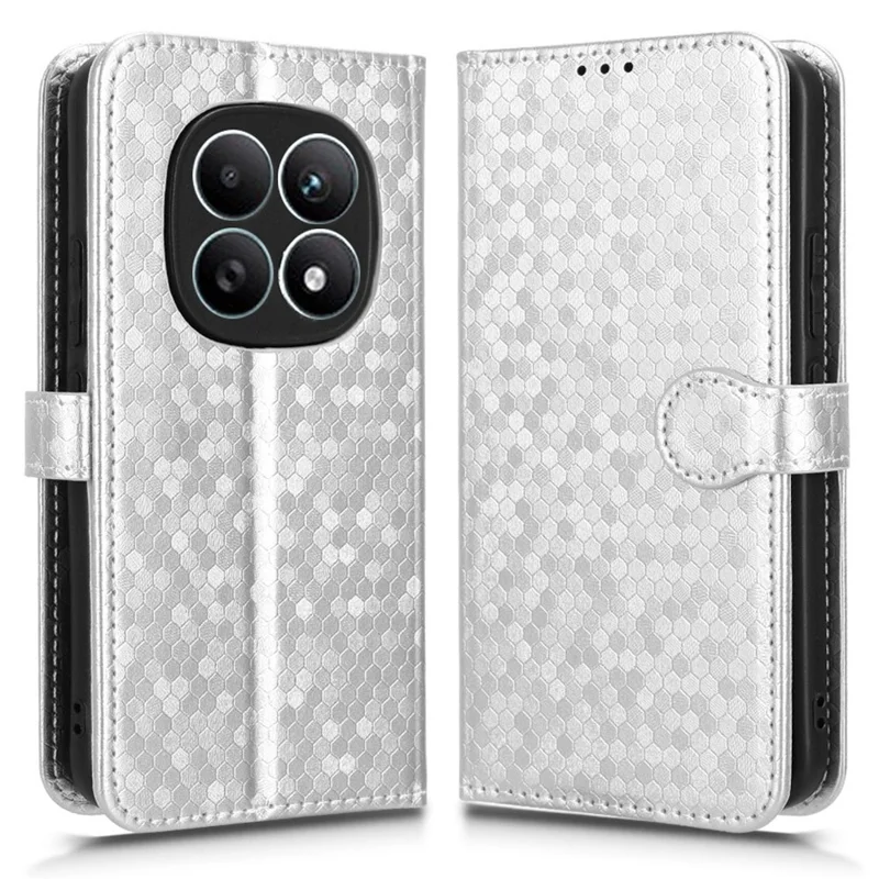 For Xiaomi Redmi Note 15 5G (Global) Wallet Case Dot Pattern Imprint PU Leather Phone Cover with Wrist Strap - Silver