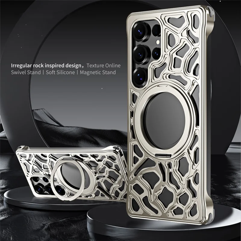 For Samsung Galaxy S24 Ultra Bumper Case Alloy Metal Borderless Back Cover with Magnetic Kickstand - Titanium