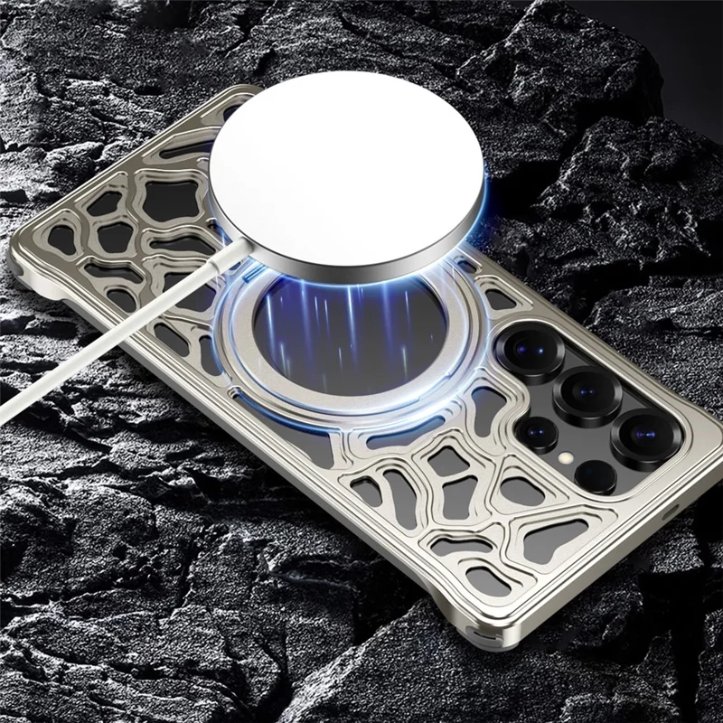 For Samsung Galaxy S23 Ultra Bumper Case Alloy Metal Borderless Back Cover with Magnetic Kickstand - Titanium