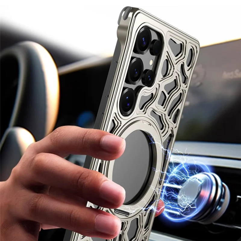 For Samsung Galaxy S23 Ultra Bumper Case Alloy Metal Borderless Back Cover with Magnetic Kickstand - Titanium