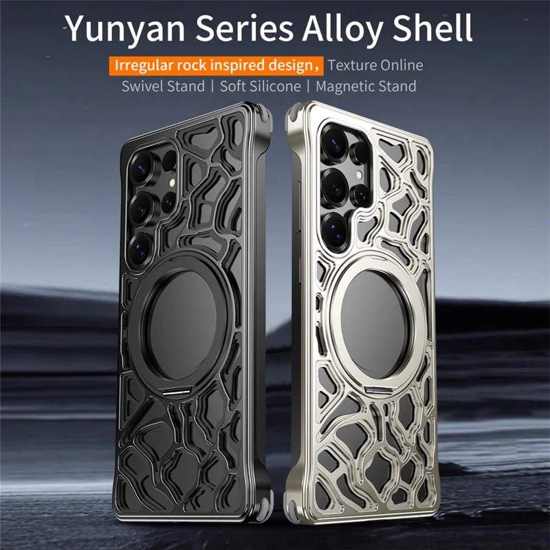 For Samsung Galaxy S23 Ultra Bumper Case Alloy Metal Borderless Back Cover with Magnetic Kickstand - Titanium