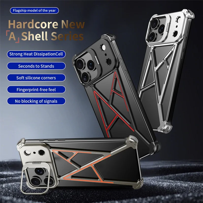 For iPhone 17 Pro Max Bumper Case Four Corner Airbag Kickstand Boardless A-Shape Metal Phone Cover - Black