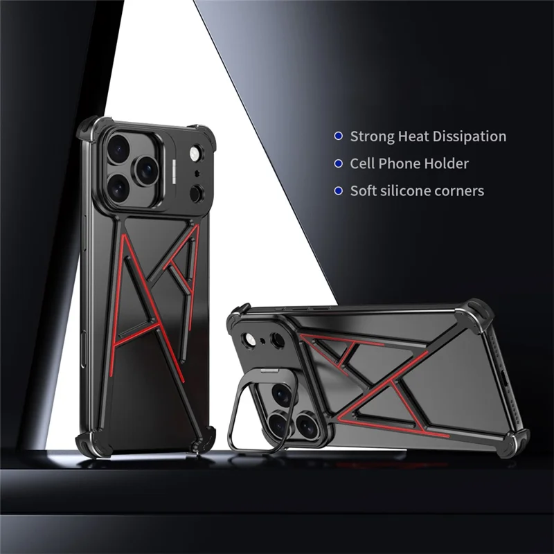 For iPhone 17 Pro Bumper Case Four Corner Airbag Kickstand Boardless A-Shape Metal Phone Cover - Black