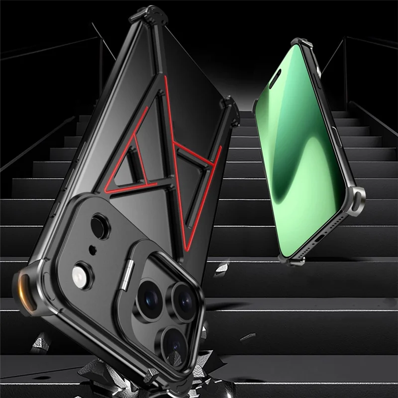 For iPhone 17 Pro Bumper Case Four Corner Airbag Kickstand Boardless A-Shape Metal Phone Cover - Black