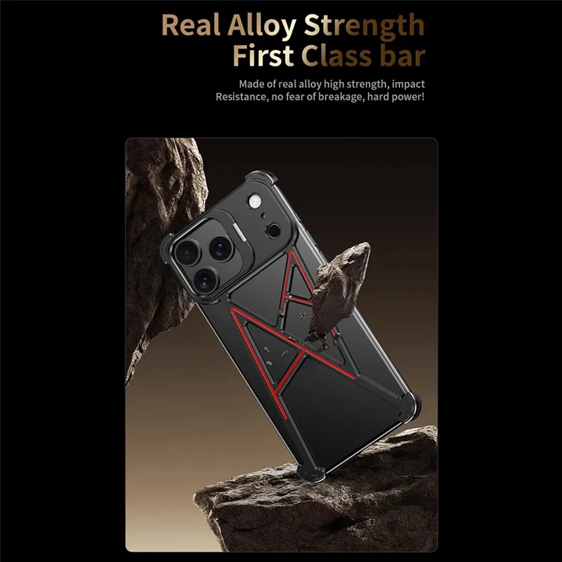 For iPhone 17 Pro Bumper Case Four Corner Airbag Kickstand Boardless A-Shape Metal Phone Cover - Black