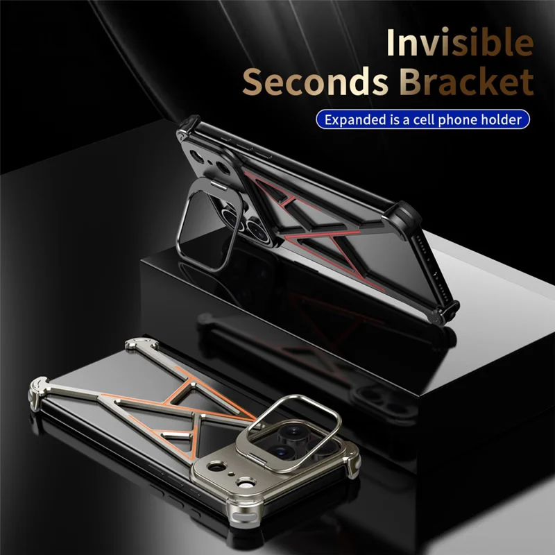 For iPhone 17 Pro Bumper Case Four Corner Airbag Kickstand Boardless A-Shape Metal Phone Cover - Black