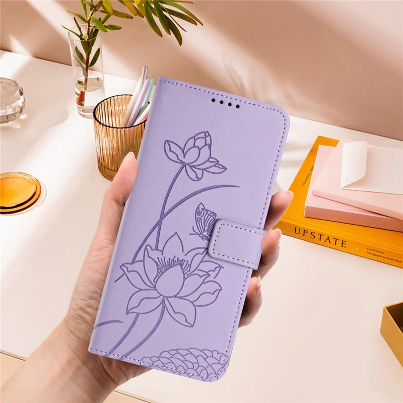 For iPhone 17 Case Wallet Stand Lotus Imprint Leather Phone Cover with Wrist Strap - Purple