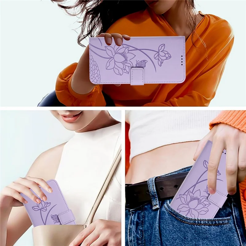 For iPhone 17 Case Wallet Stand Lotus Imprint Leather Phone Cover with Wrist Strap - Purple