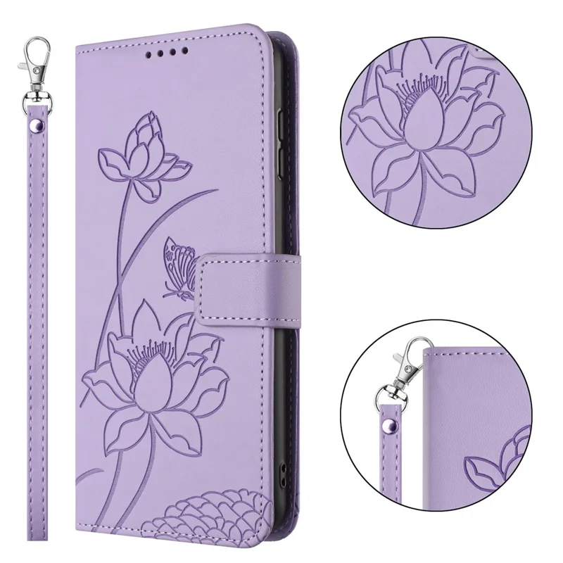 For iPhone 17 Case Wallet Stand Lotus Imprint Leather Phone Cover with Wrist Strap - Purple