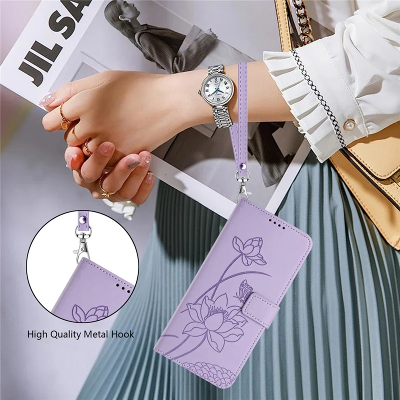 For iPhone 17 Case Wallet Stand Lotus Imprint Leather Phone Cover with Wrist Strap - Purple