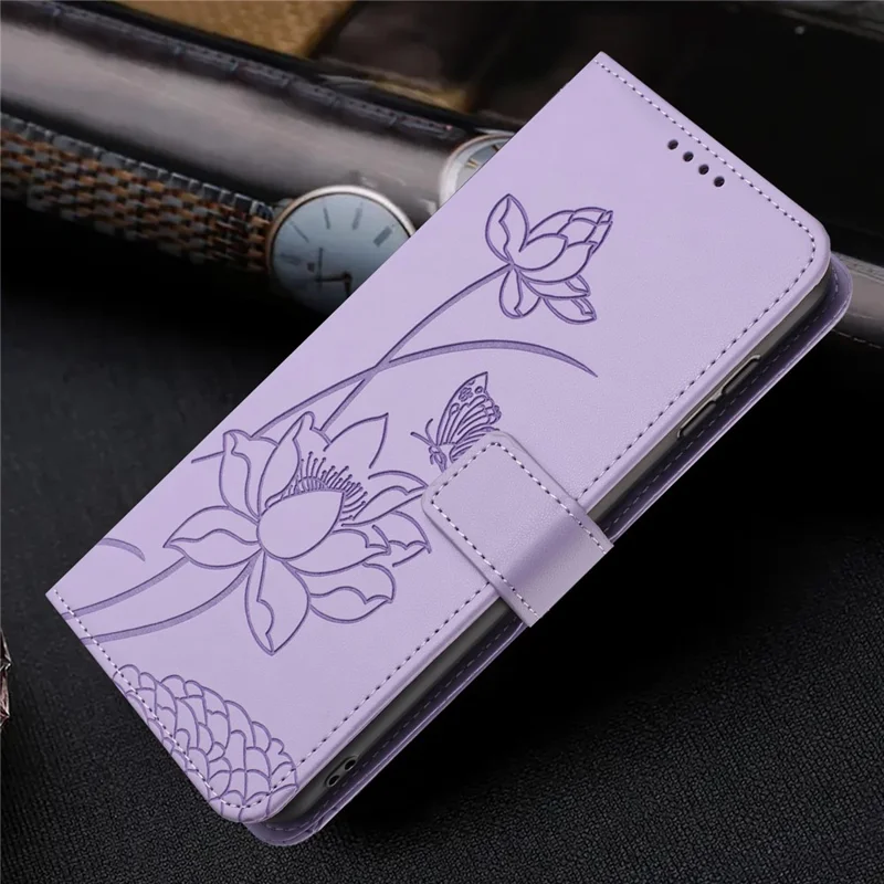 For iPhone 17 Case Wallet Stand Lotus Imprint Leather Phone Cover with Wrist Strap - Purple