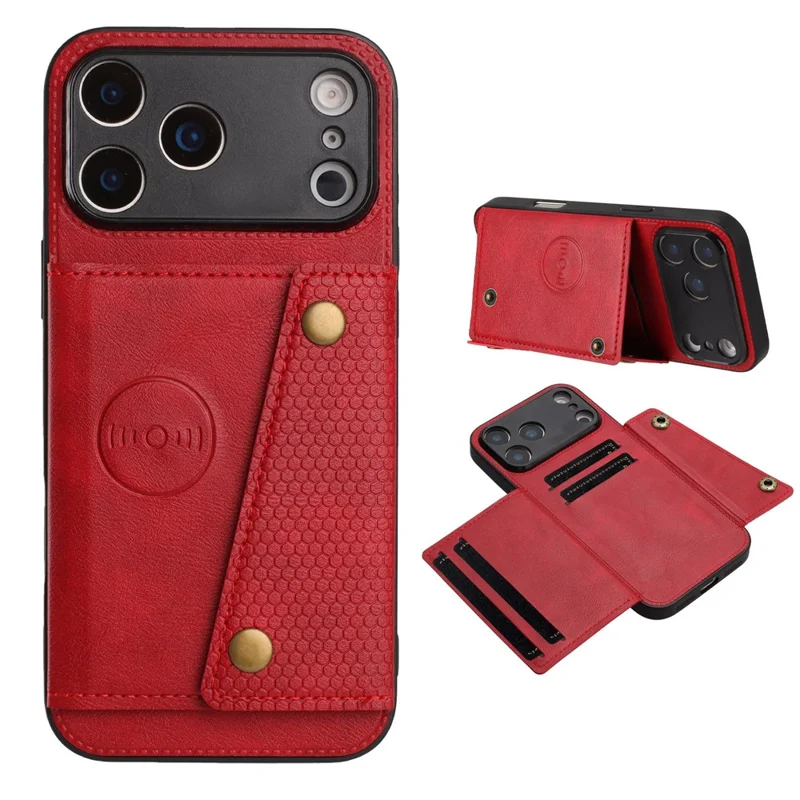 Voor iPhone 17 Pro hoesje met kaartslots, standaard, lederen + TPU telefoonhoes - Rood