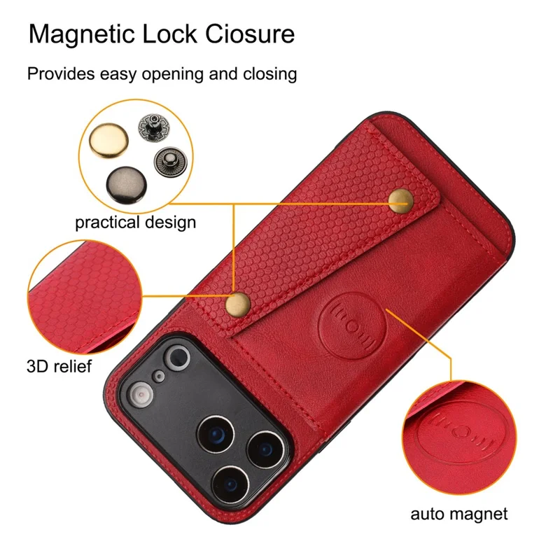 Voor iPhone 17 Pro hoesje met kaartslots, standaard, lederen + TPU telefoonhoes - Rood