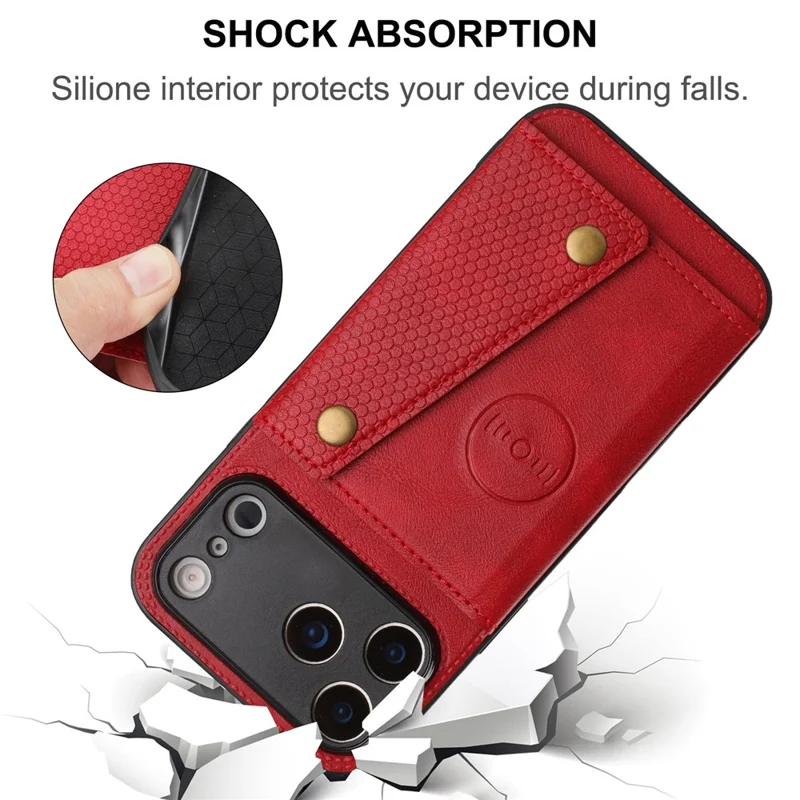 Voor iPhone 17 Pro hoesje met kaartslots, standaard, lederen + TPU telefoonhoes - Rood