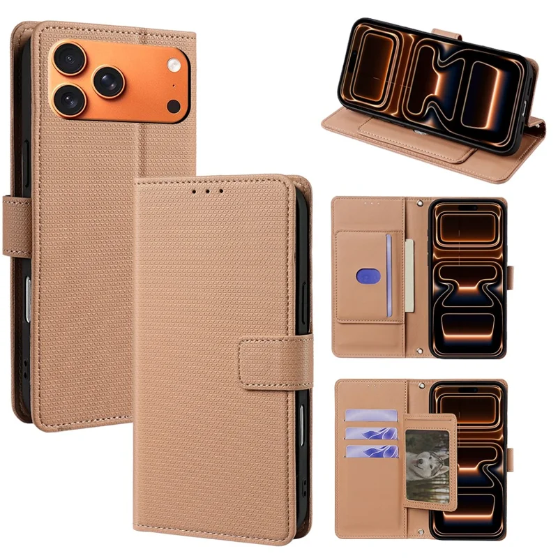 For iPhone 17 Pro Max Case Triangle Imprinted Skin Touch PU Leather Phone Wallet Cover - Brown
