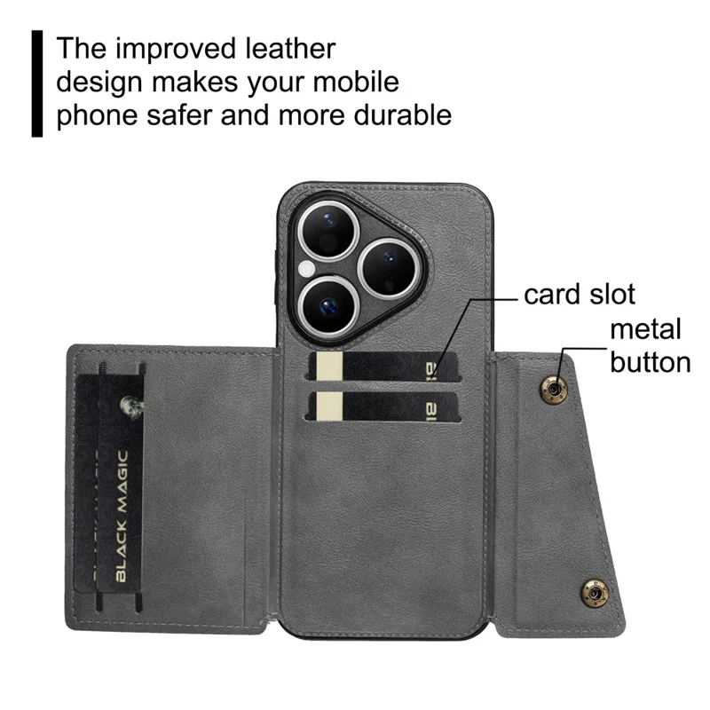 Etui na Huawei Pura 80 z kieszeniami na karty, podstawką, pokrowiec z skóry syntetycznej i TPU - Szary