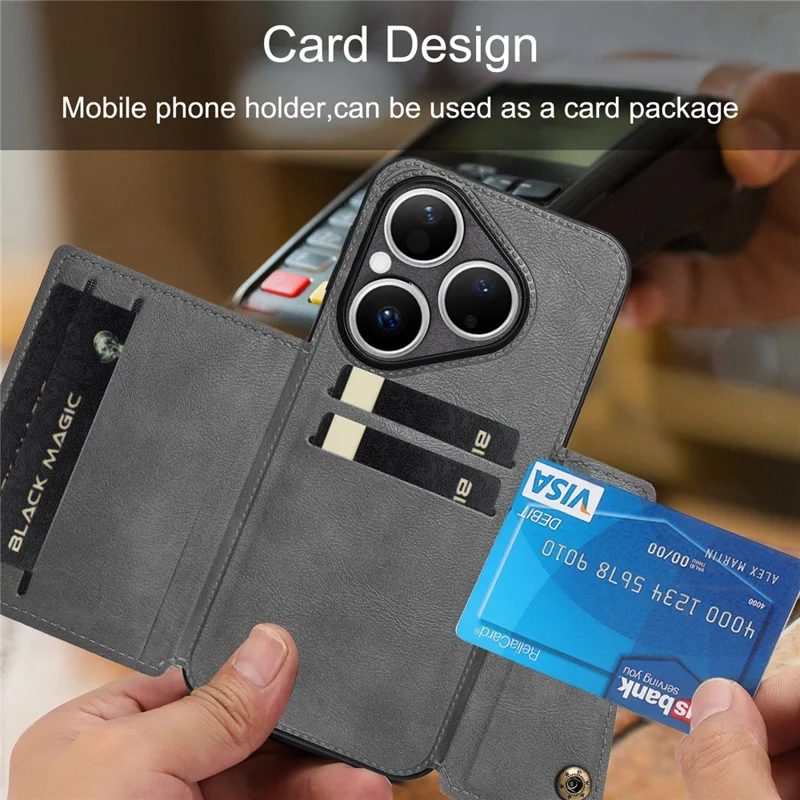 Etui na Huawei Pura 80 z kieszeniami na karty, podstawką, pokrowiec z skóry syntetycznej i TPU - Szary