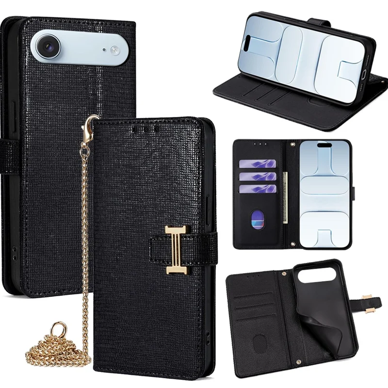 For iPhone Air Case Wallet Sequins Leather Crossbody Phone Cover - Black