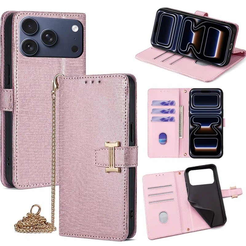 For iPhone 17 Pro Case Wallet Sequins Leather Crossbody Phone Cover - Rose Gold