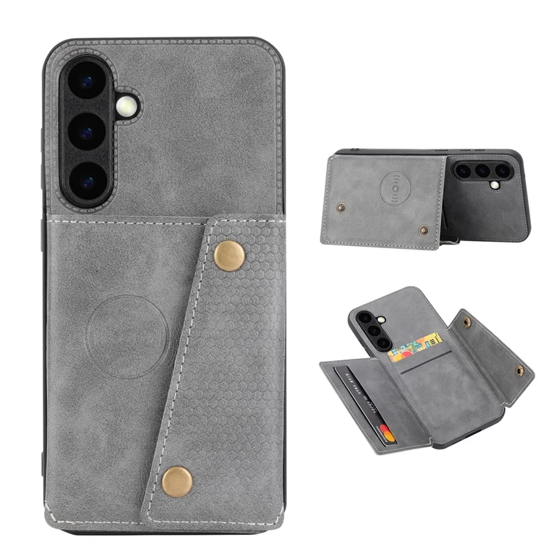 For Samsung Galaxy S25 FE Case with Card Slots Kickstand Leather + TPU Phone Cover - Grey - 1