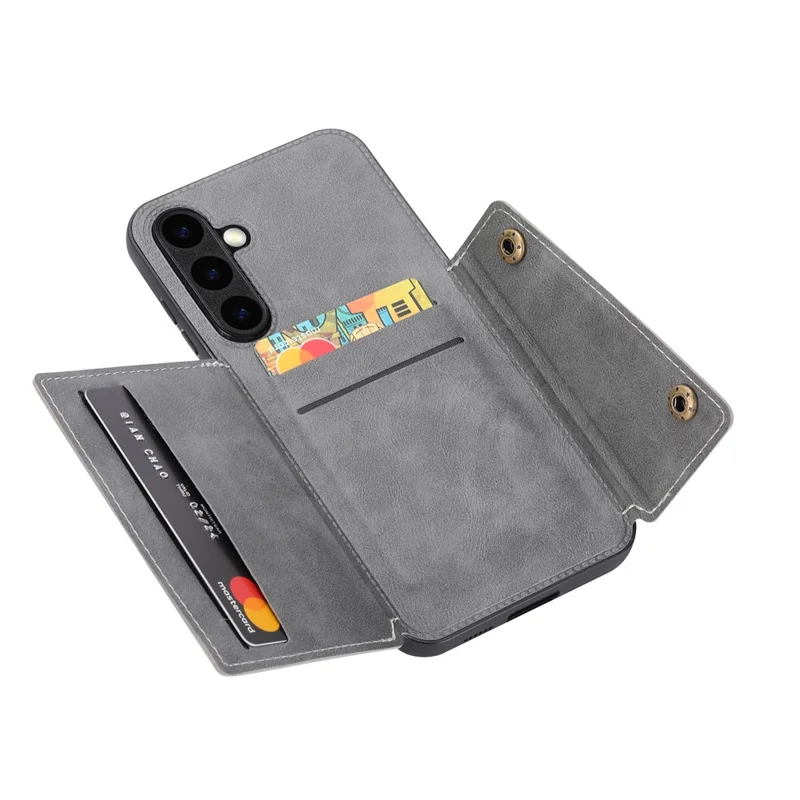 For Samsung Galaxy S25 FE Case with Card Slots Kickstand Leather + TPU Phone Cover - Grey - 3