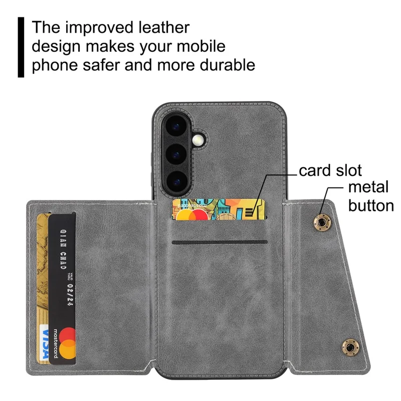 For Samsung Galaxy S25 FE Case with Card Slots Kickstand Leather + TPU Phone Cover - Grey - 8
