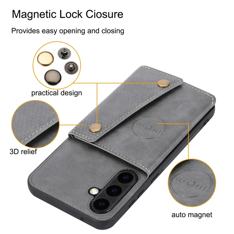For Samsung Galaxy S25 FE Case with Card Slots Kickstand Leather + TPU Phone Cover - Grey - 9