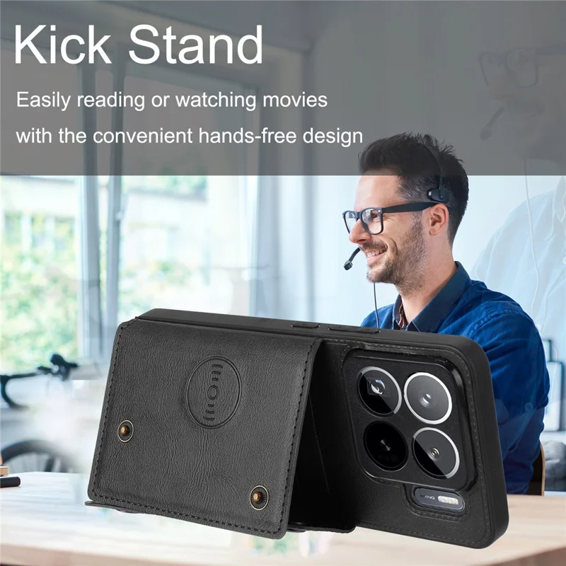 For Xiaomi 15S Pro Case with Card Slots Kickstand Leather + TPU Phone Cover - Black