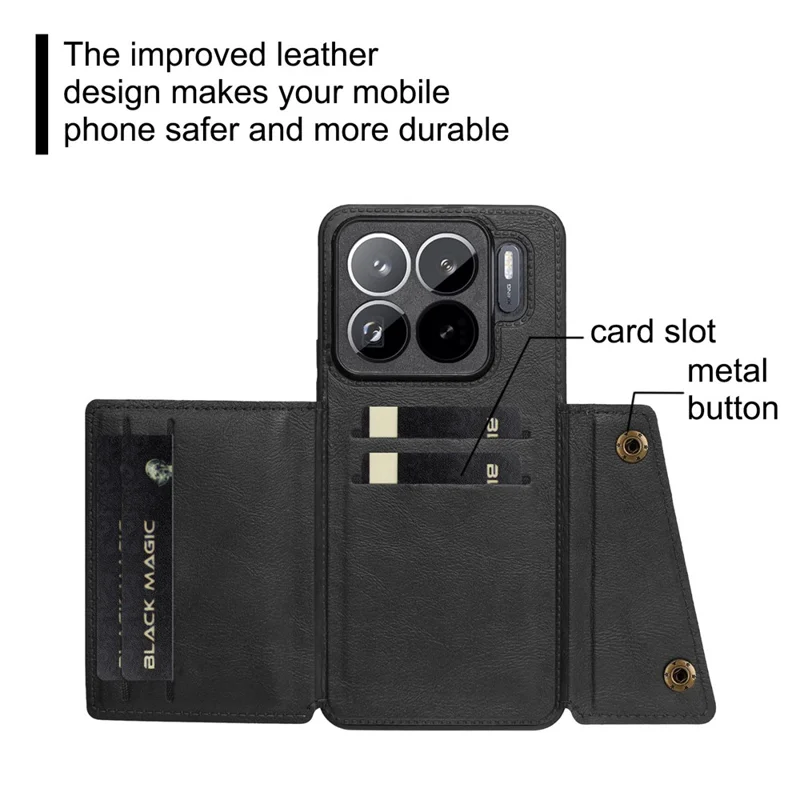 For Xiaomi 15S Pro Case with Card Slots Kickstand Leather + TPU Phone Cover - Black