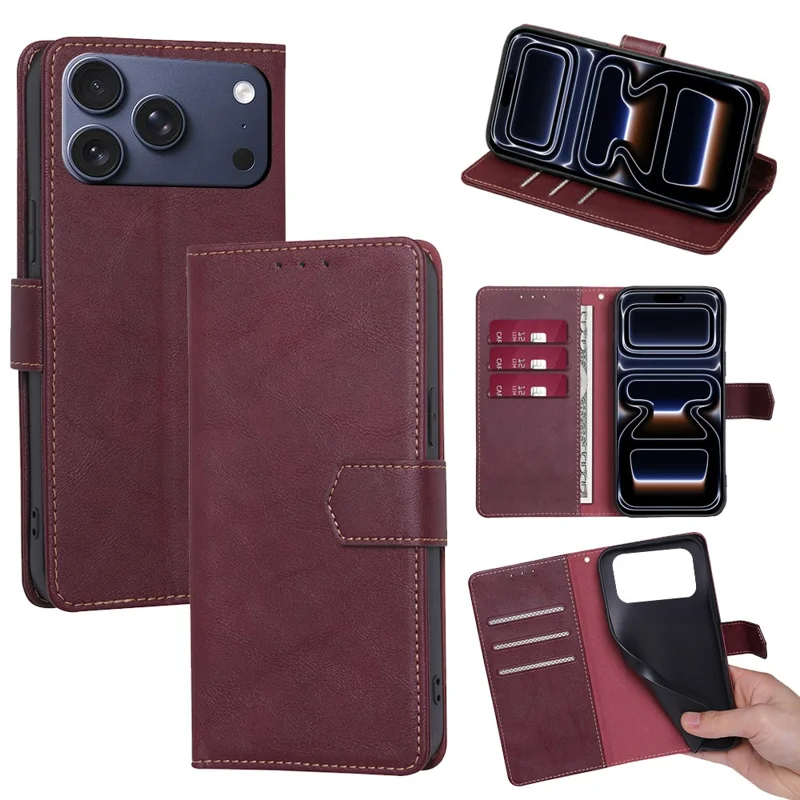 Voor iPhone 17 Pro hoesje van lederen telefoonhoes met portemonnee en RFID-blokkering - Wijnrood