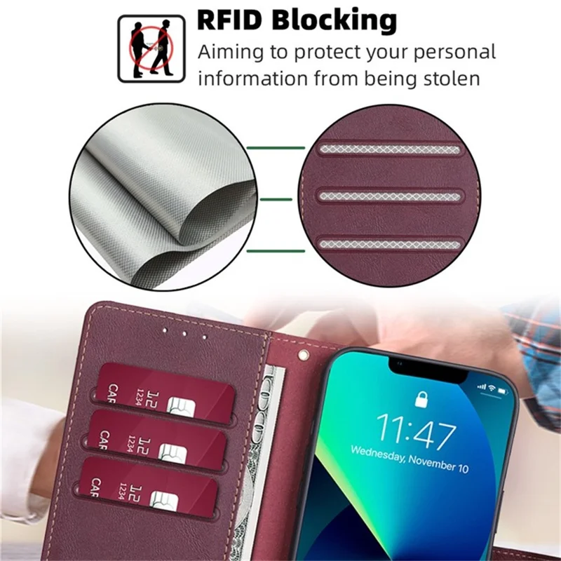 Voor iPhone 17 Pro hoesje van lederen telefoonhoes met portemonnee en RFID-blokkering - Wijnrood