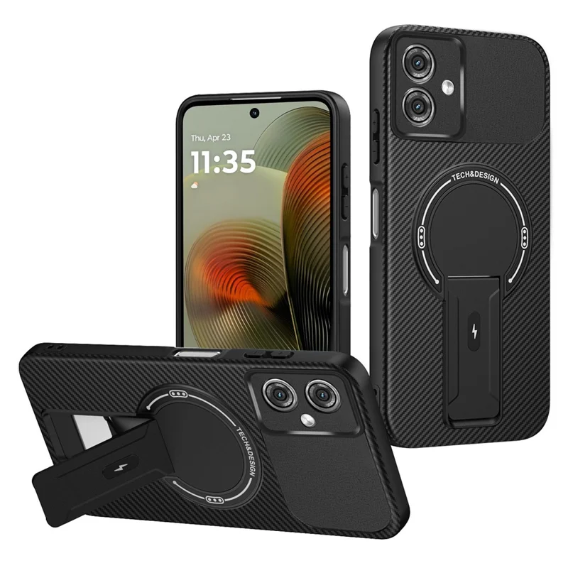 For Motorola Moto G55 5G Case Carbon Fiber Texture PC + TPU Phone Cover with Kickstand - Black